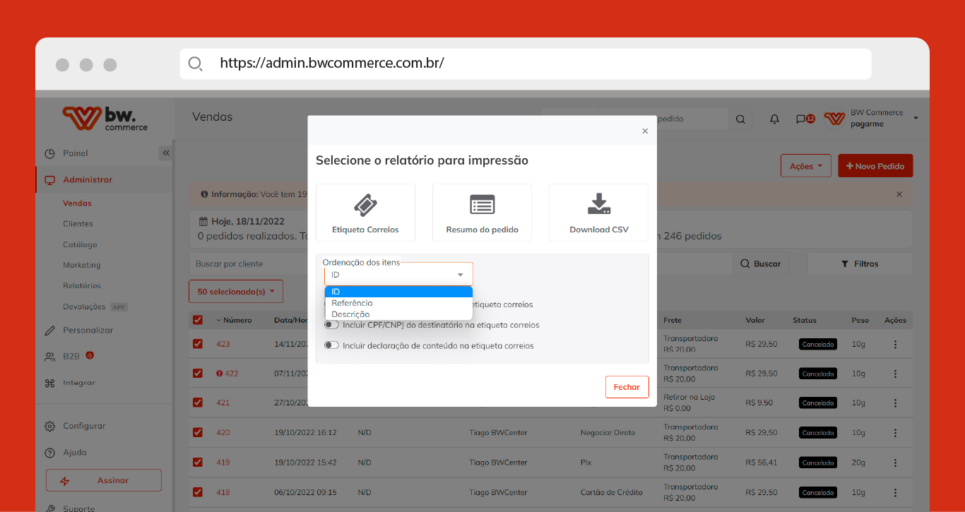 Visualização da tela Ordem Relatórios na plataforma de e-commerce BW Commerce