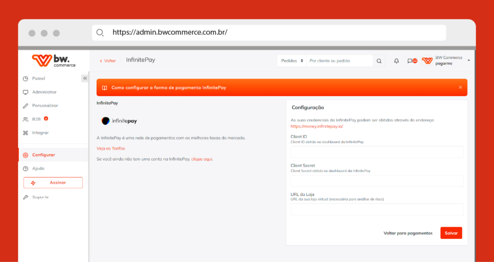 Visualização aplicativo InfinitePay na plataforma de e-commerce BW Commerce