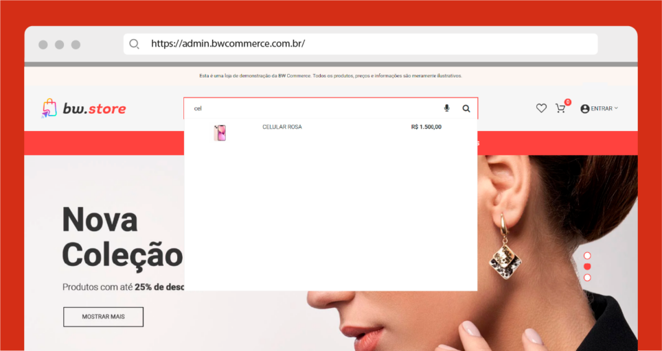 Sugestão na pesquisa na loja virtual da plataforma de e-commerce BW Commerce