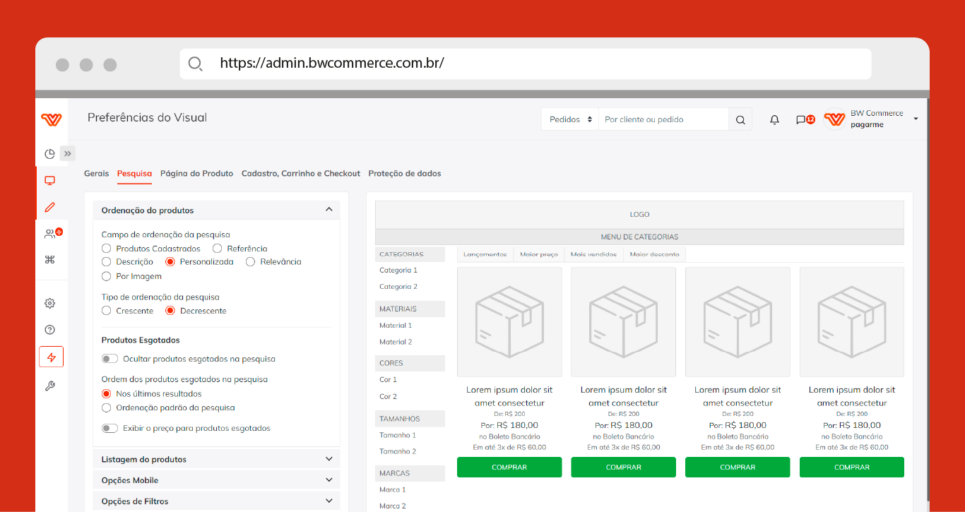 Visualização Preferências do Visual na plataforma de e-commerce BW Commerce
