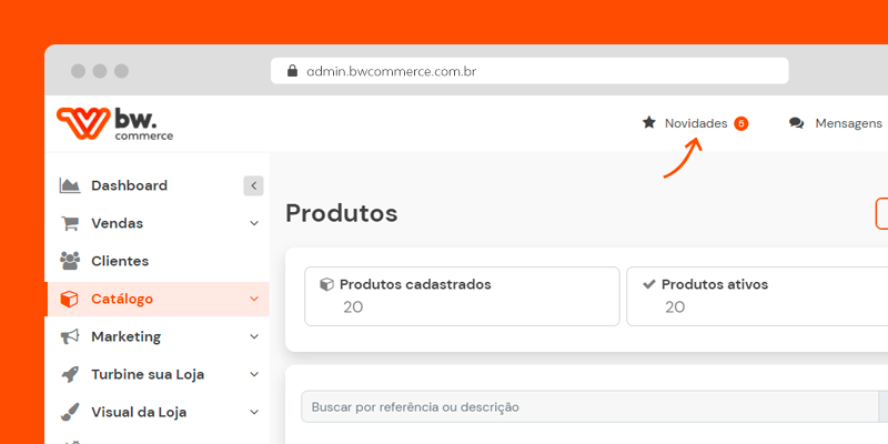 Página da plataforma de e-commerce BW Commerce ilustrando a localização do Sistema de Novidades