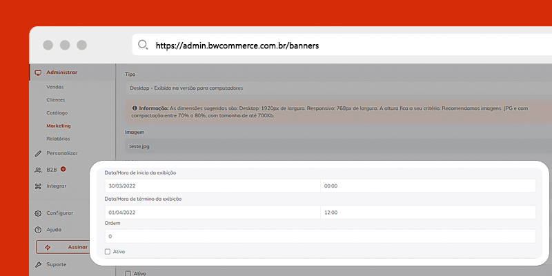 Print da plataforma de e-commerce BW Commerce mostrando novos campos para definição de data e hora limite para exibição de banners