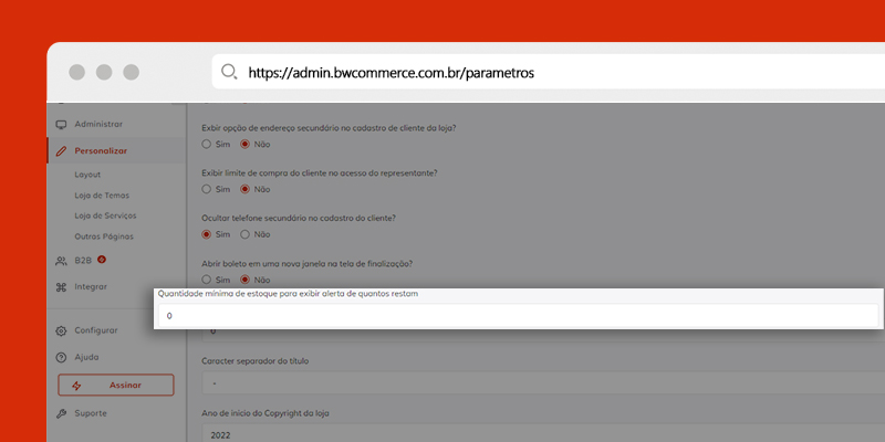 Print da tela de configuração da quantidade mínima de estoque na plataforma de e-commerce BW Commerce