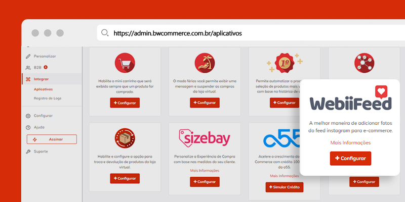 Print do aplicativo WebiiFeed na plataforma de e-commerce BW Commerce