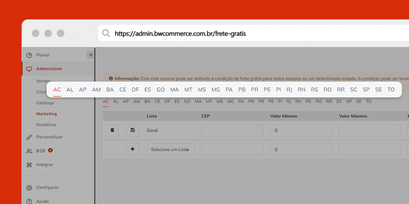 Print da tela de configuração de Frete Grátis na plataforma de e-commerce BW Commerce, destacando a separação por estados