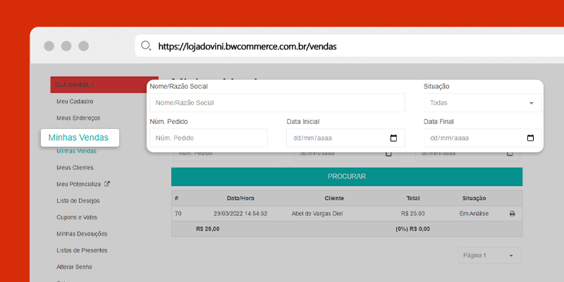 Print da área do representante na loja virtual mostrando os novos campos