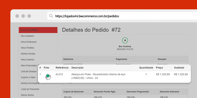 Print da área do representante na loja virtual mostrando a fotografia do produto nos detalhes