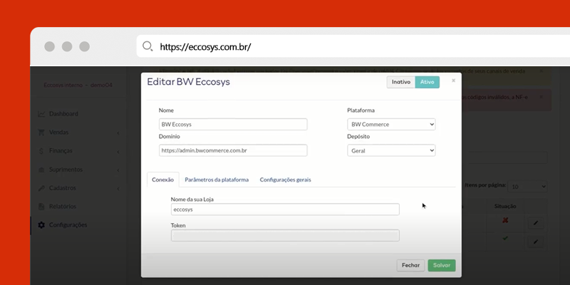 Print do Sistema de Gestão Eccosys integrado à plataforma de e-commerce BW Commerce