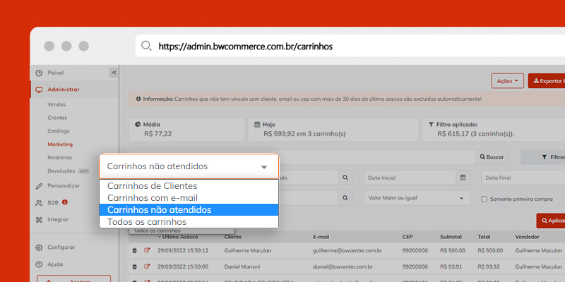 Print do novo filtro "Carrinhos não Atendidos" na seção Carrinhos abandonados na plataforma de e-commerce BW Commerce