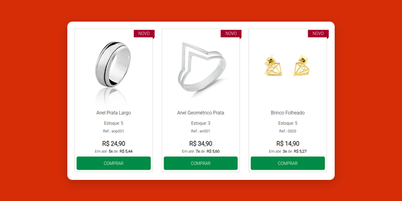 Área de pesquisa em loja virtual da plataforma BW Commerce com 3 produtos