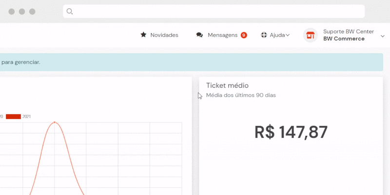 Demonstração submenus faixa superior plataforma de e-commerce BW Commerce