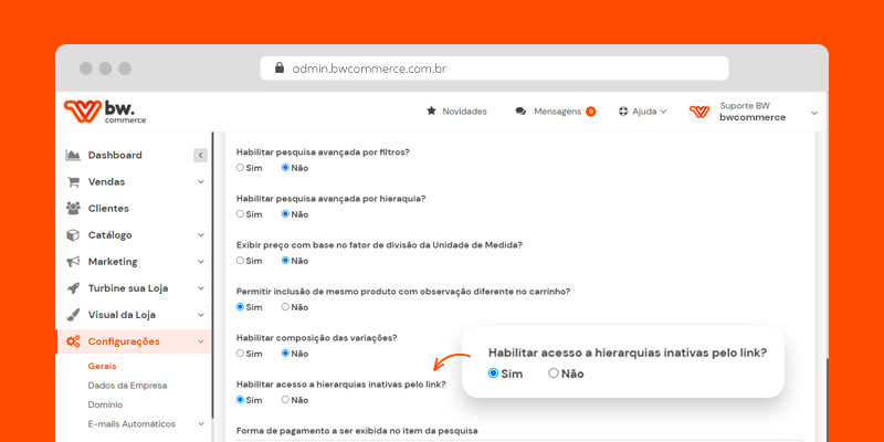 Tela de configurações gerais da plataforma de e-commerce BW Commerce