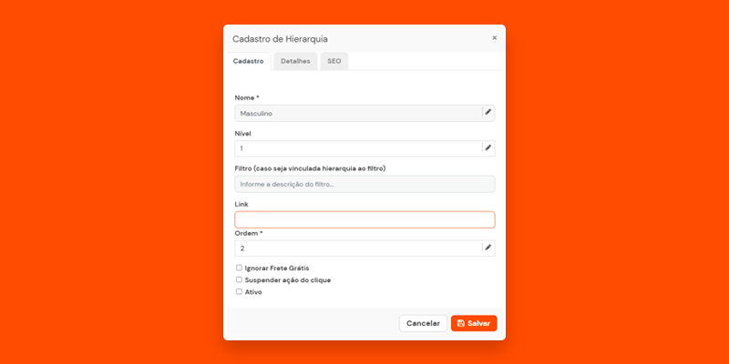 Modal para configuração e cadastro de categoria de produto na plataforma de site de vendas 