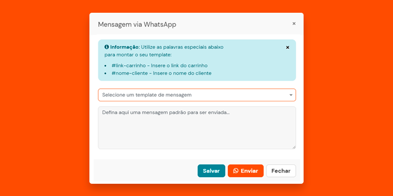 Modal para configuração de mensagem para alerta de carrinho abandonado da plataforma de e-commerce BW Commerce