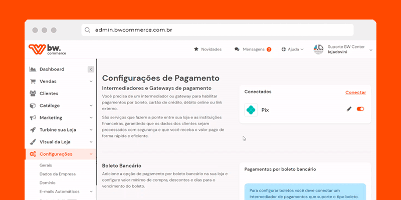 Nova tela de configurações de pagamento na plataforma de e-commerce BW Commerce