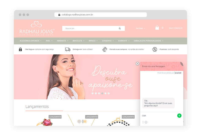 Tela loja virtual Radhau Joias com aplicativo JivoChat instalado