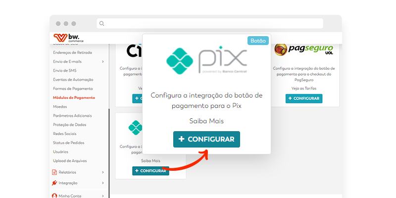 print de tela de aplicativos do painel administrativo da plataforma de e-commerce BW Commerce para vender na internet com destaque ao aplicativo PIX