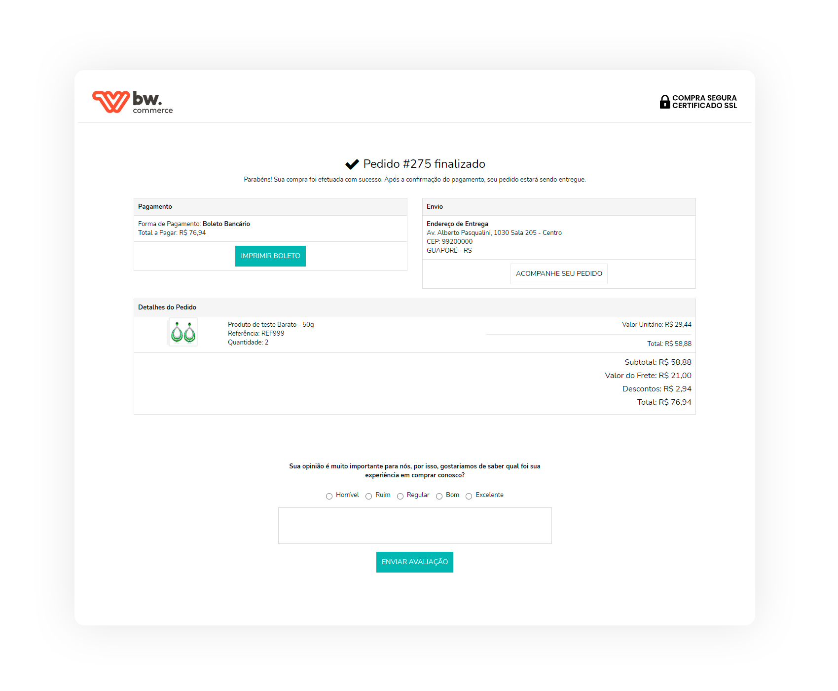 Finalização de compra - Loja Virtual BW Commerce