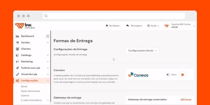 Gif animado da aba Formas de Entrega com cursor ativando recurso dos Correios
