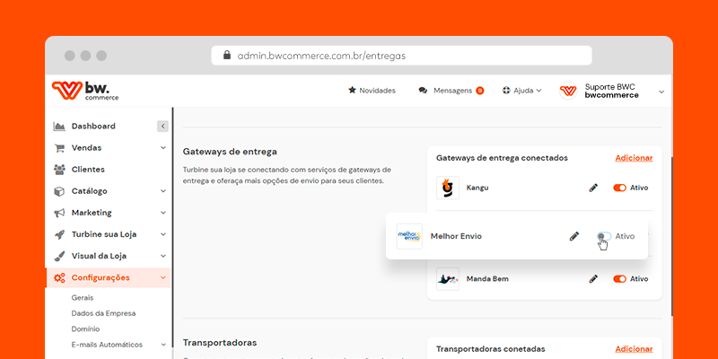 Aba Formas de Entrega com cursos desativando Gateway de Entrega