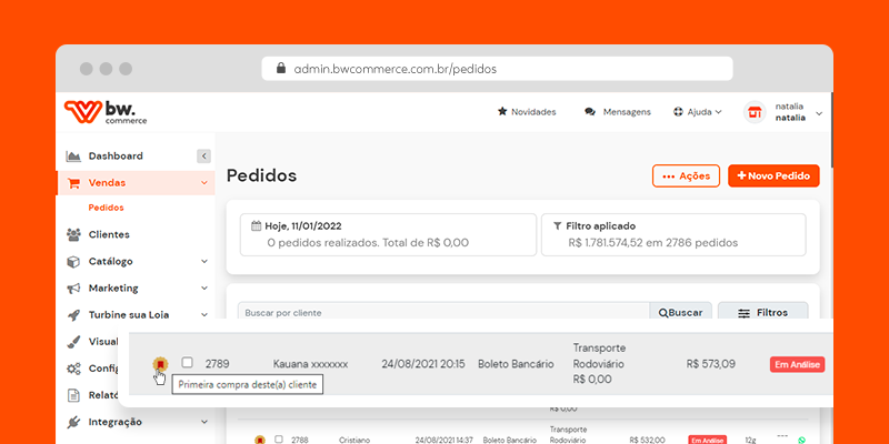 Tela de pedidos destacando novo recurso de primeira compra para loja virtual