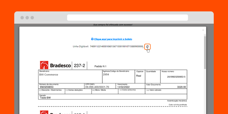Simulação de boleto da loja virtual com ícone para cópia do código de barras