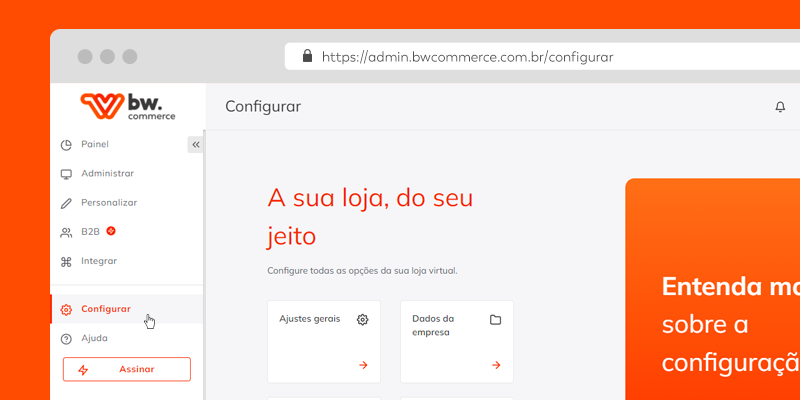 Print da tela de configurações do painel BW Commerce com foco na área do menu