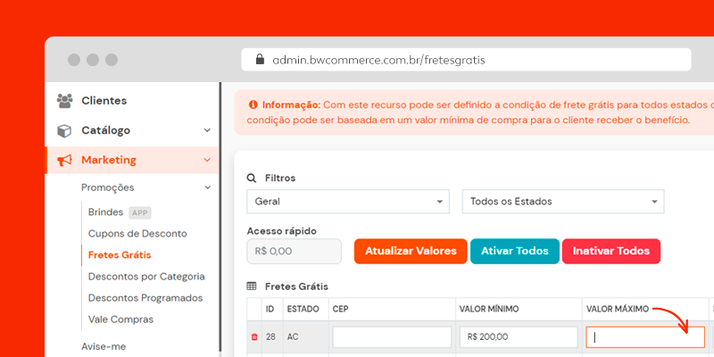 Tela de configurações de frete grátis na plataforma de e-commerce BW Commerce