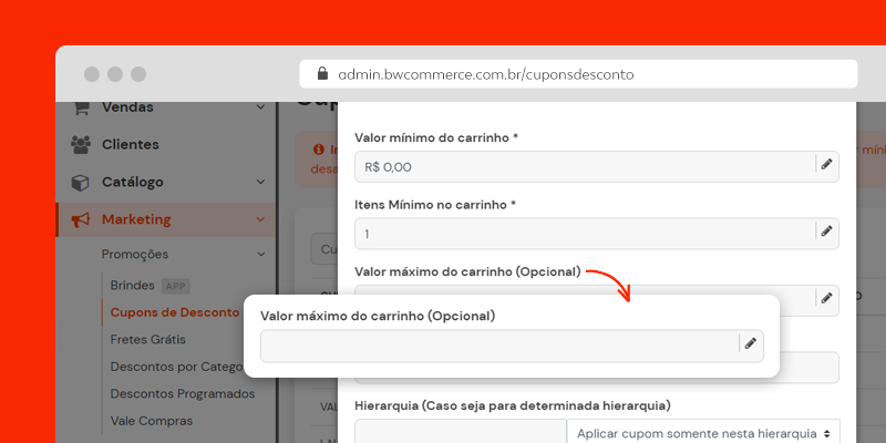 Tela de configuração de cupom de desconto na plataforma de e-commerce BW Commerce