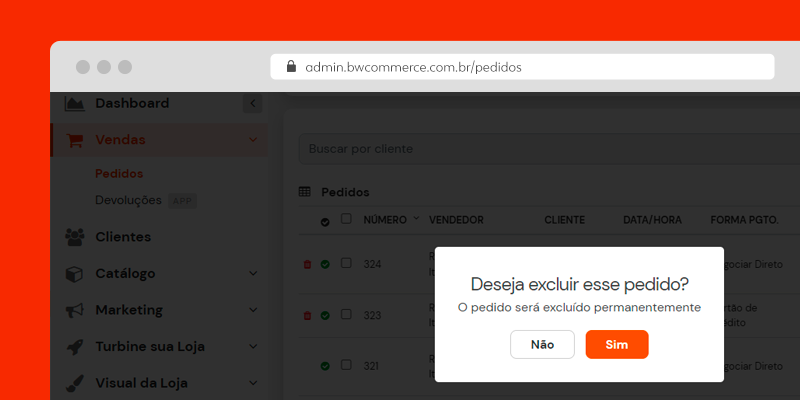 Modal para exclusão de pedido cancelado na plataforma de e-commerce BW Commerce